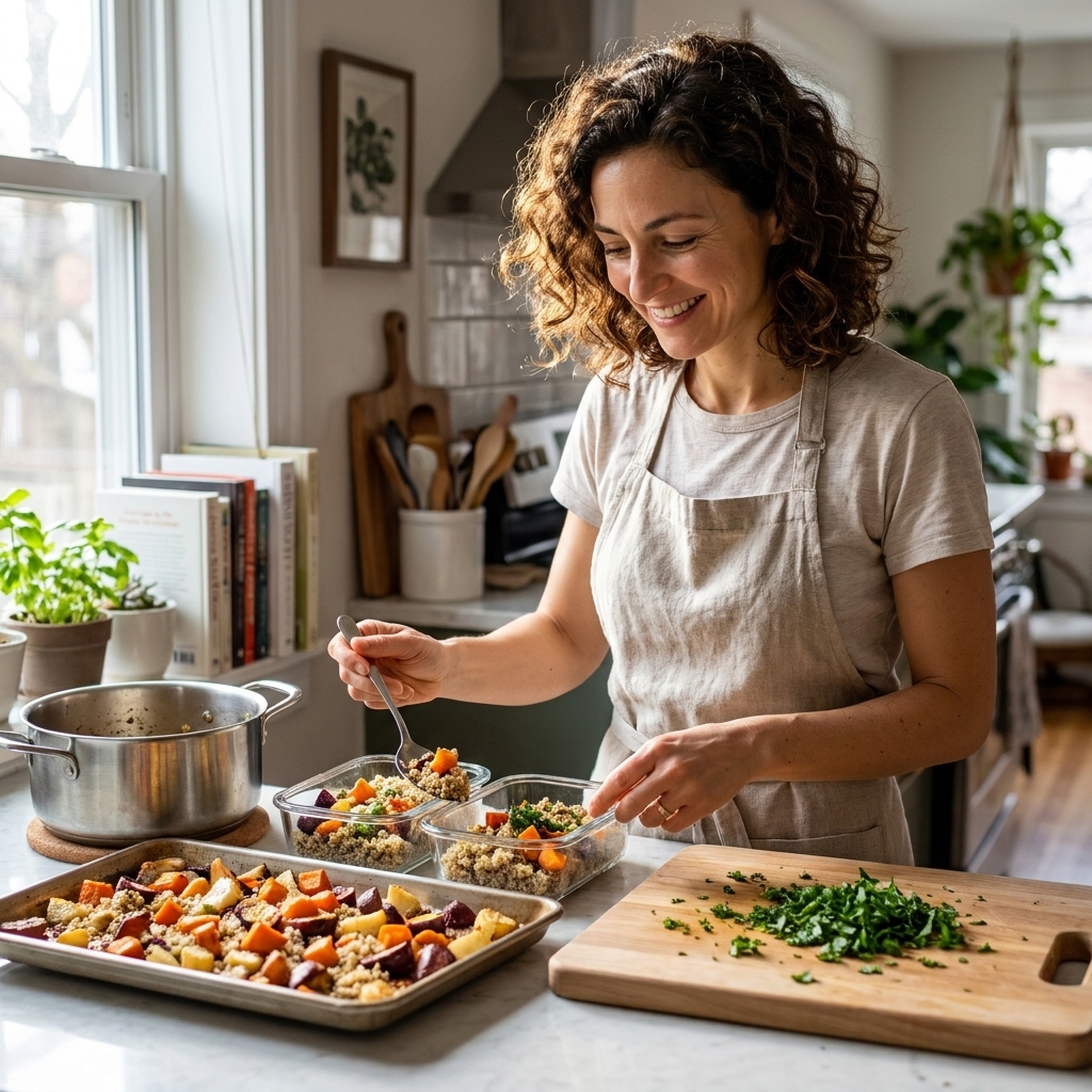 A home kitchen scene with a cutting board, sheet pan of roasted vegetables, cooked grains in a pot, and a person portioning food into containers on a Sunday afternoon