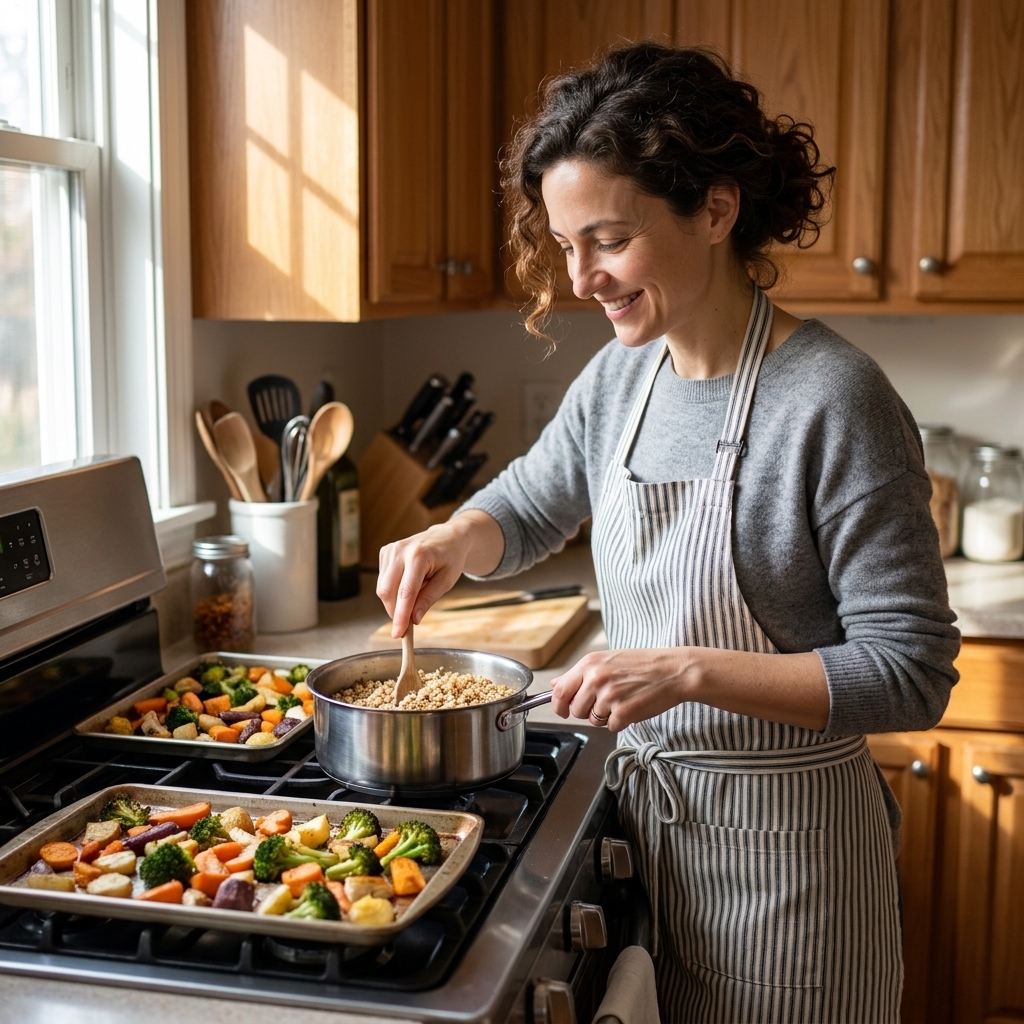A home kitchen with two sheet pans of roasted vegetables cooling on a stovetop while grains cook in a pot, showing a realistic Sunday meal prep setup