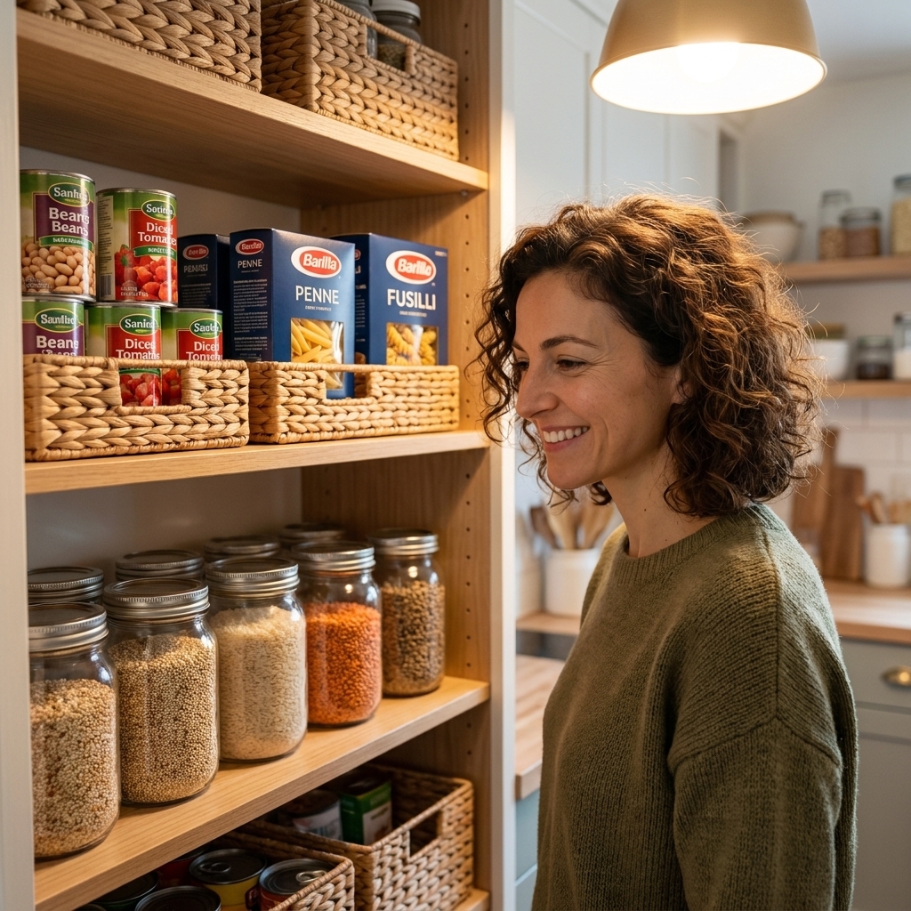 A home pantry shelf with canned beans, canned tomatoes, pasta, and jars of grains grouped neatly in baskets under warm kitchen lighting