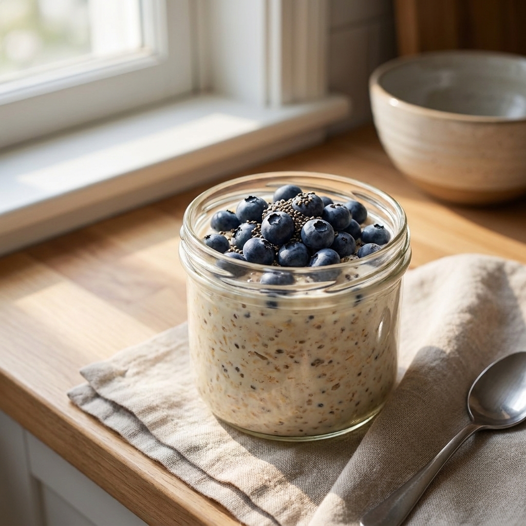 A jar of overnight oats topped with blueberries and chia seeds sitting on a kitchen counter in natural morning light