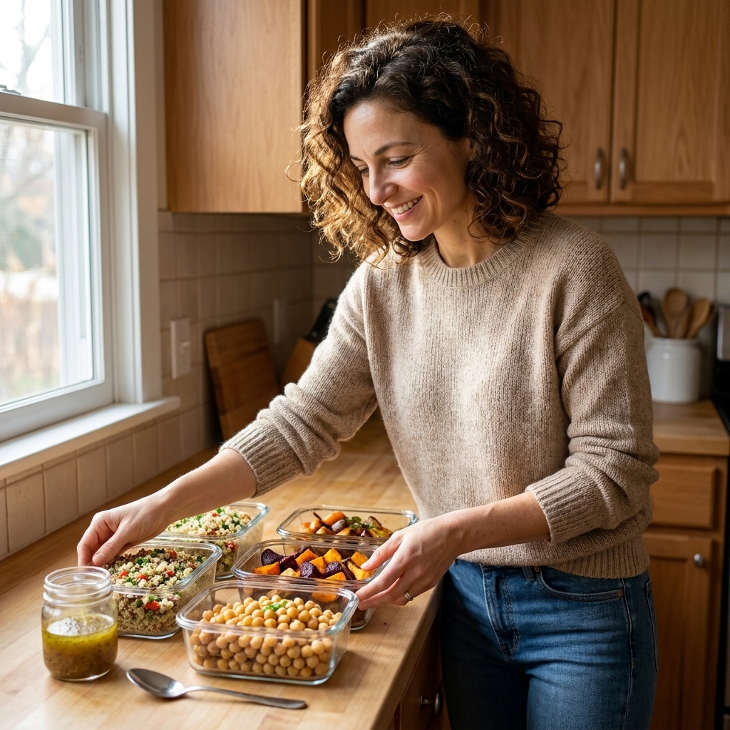 A kitchen counter with glass meal prep containers filled with quinoa, roasted vegetables, chickpeas, and a small jar of vinaigrette nearby