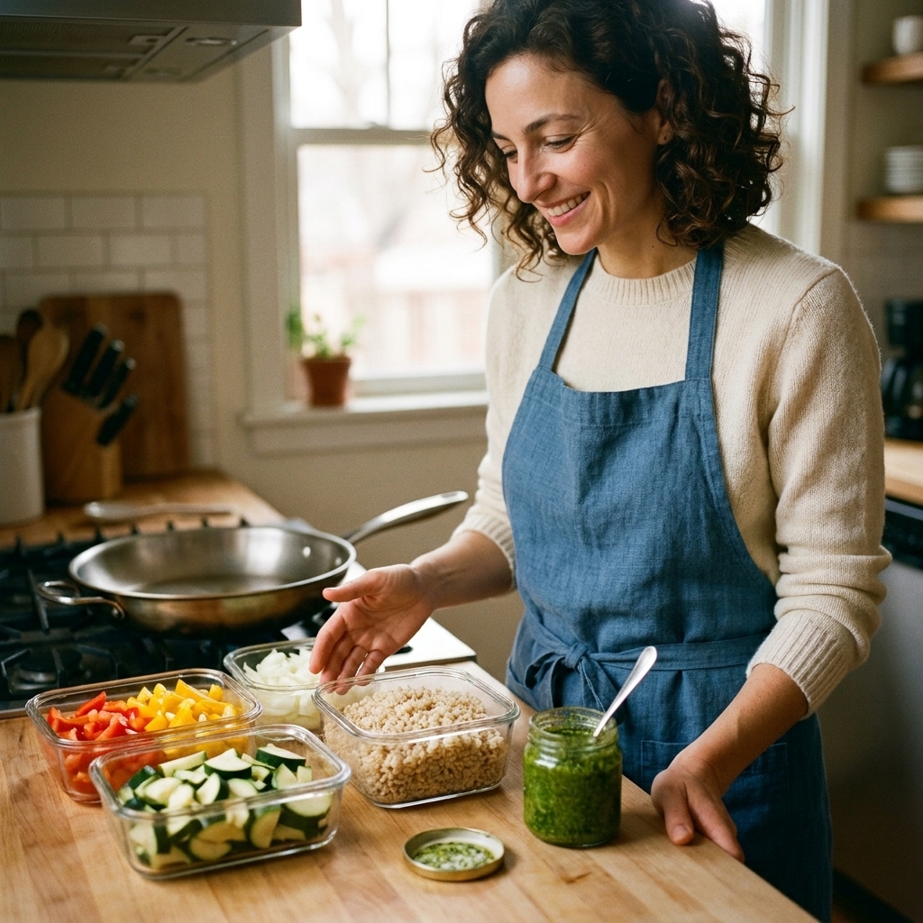 A kitchen counter with pre-chopped vegetables, a container of cooked rice, and a jar of pesto set up for quick weeknight cooking