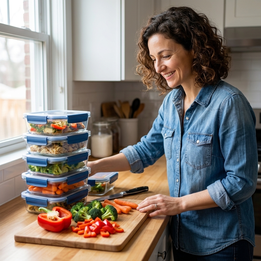 A kitchen countertop with a stack of clean glass meal prep containers with locking lids, next to a cutting board and fresh vegetables.