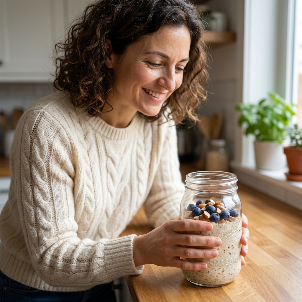 A mason jar of overnight oats topped with blueberries and chopped almonds on a kitchen counter