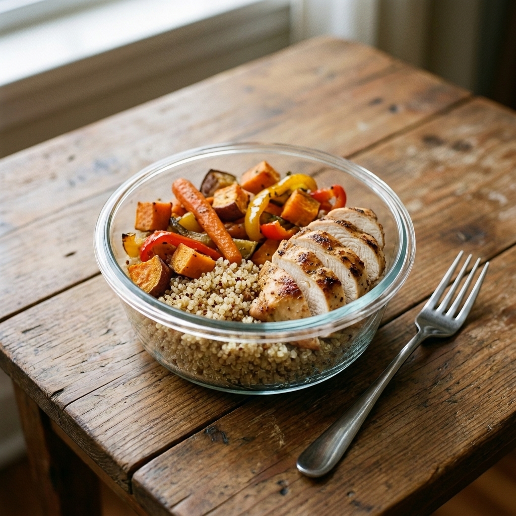 A meal-prep bowl with quinoa, roasted vegetables, and sliced chicken on a wooden table