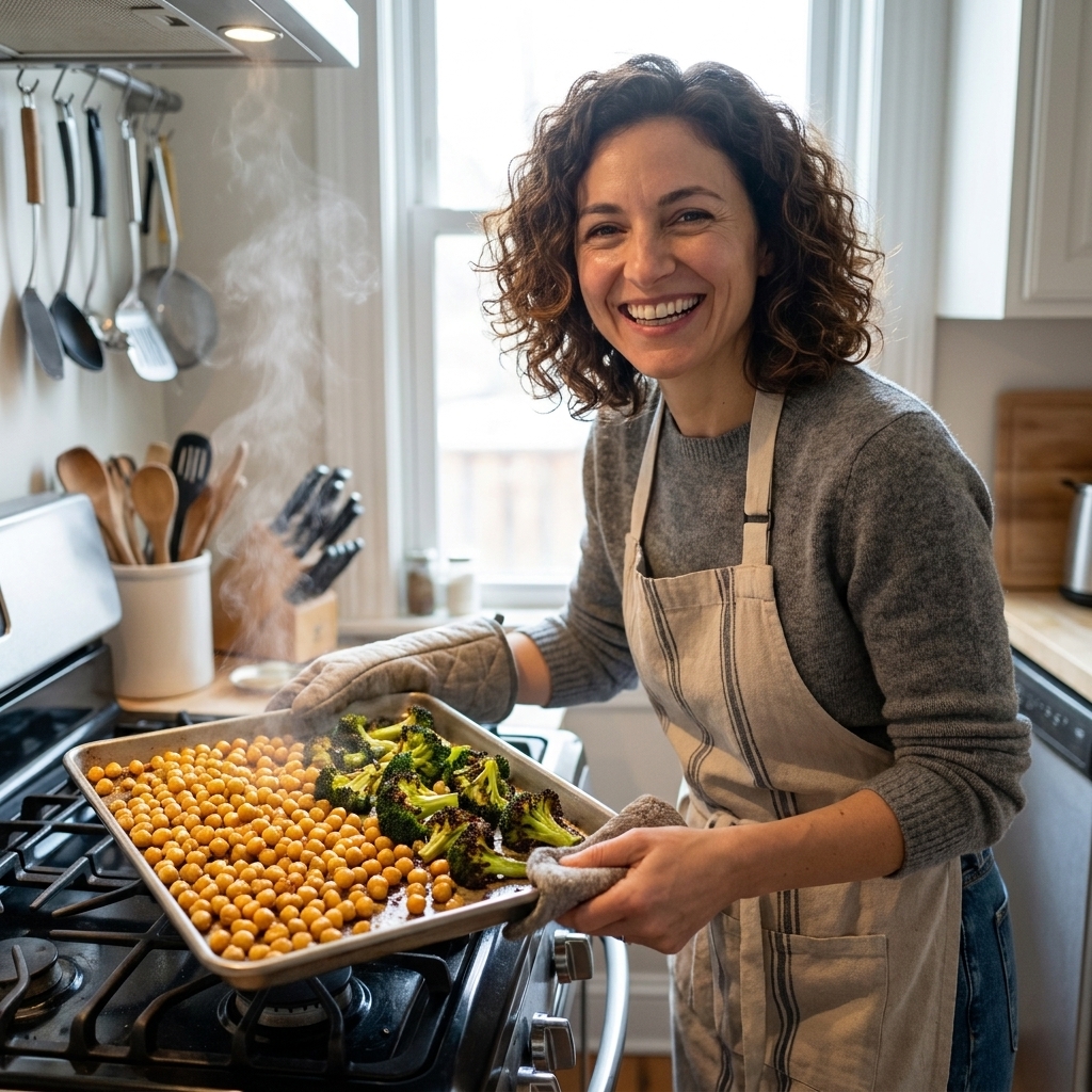 A metal sheet pan filled with golden roasted chickpeas and broccoli florets, fresh out of the oven on a home kitchen stovetop