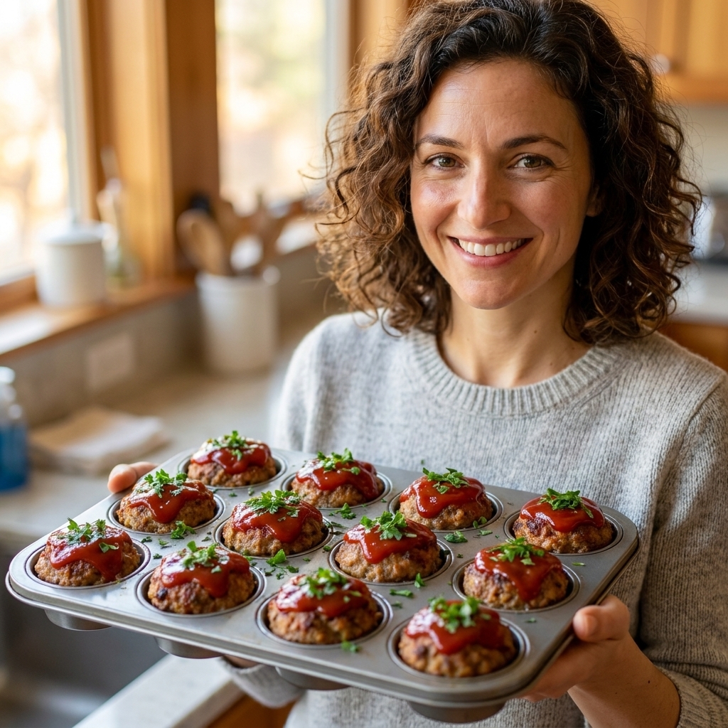 A muffin tin filled with turkey meatloaf muffins glazed with ketchup and topped with finely chopped parsley