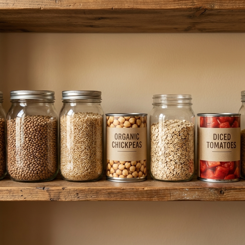 A pantry shelf with dry lentils, brown rice, canned chickpeas, oats, and canned tomatoes lined up as affordable vegan staples
