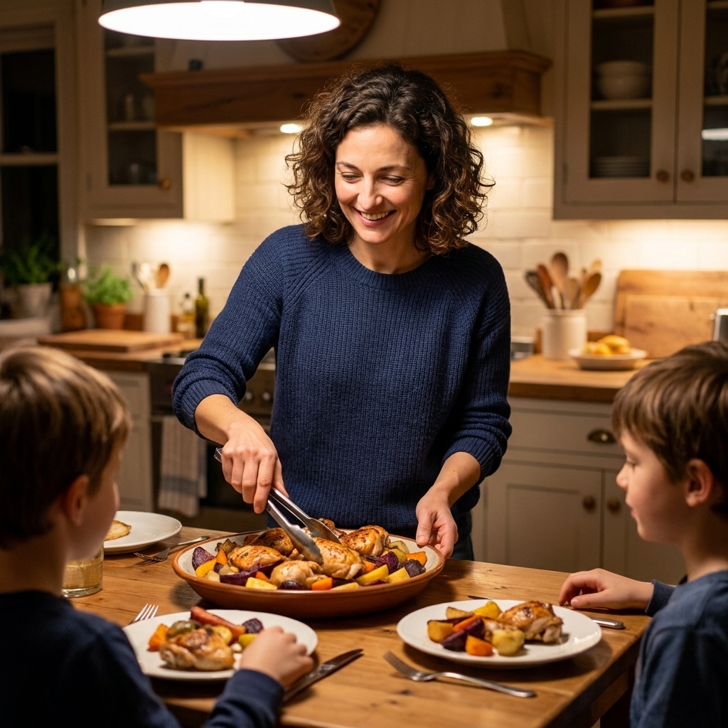 A parent serving a simple weeknight dinner of roasted vegetables and chicken at a family table in a warmly lit kitchen