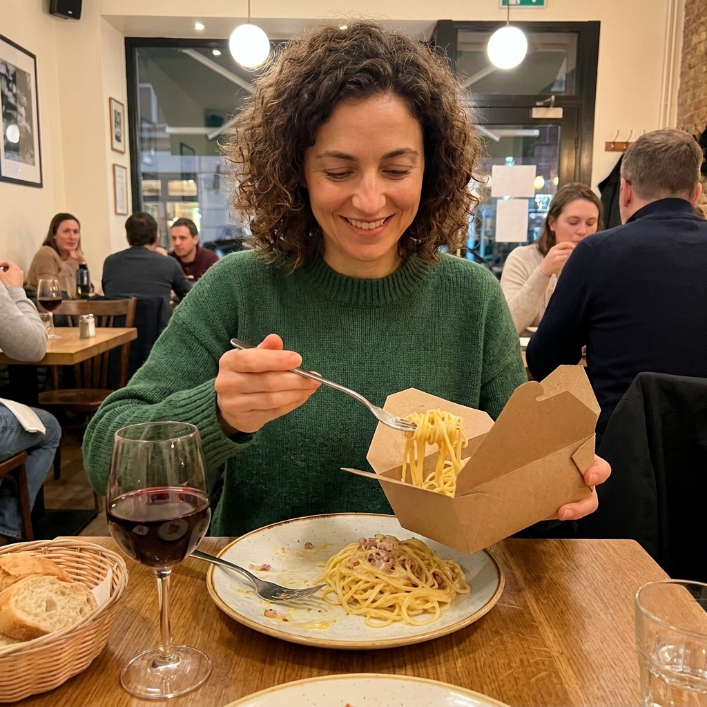 A person at a restaurant placing part of a pasta dish into a takeout container at the table
