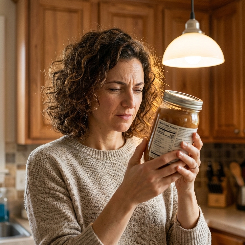 A person holding a jar and reading the ingredient list on the back label under warm kitchen lighting