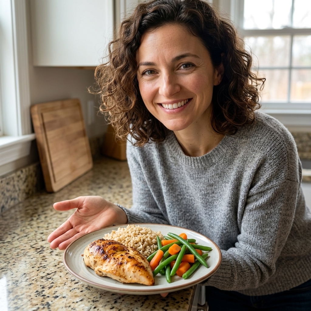 A person holding an open hand next to a dinner plate with chicken, rice, and vegetables on a kitchen counter