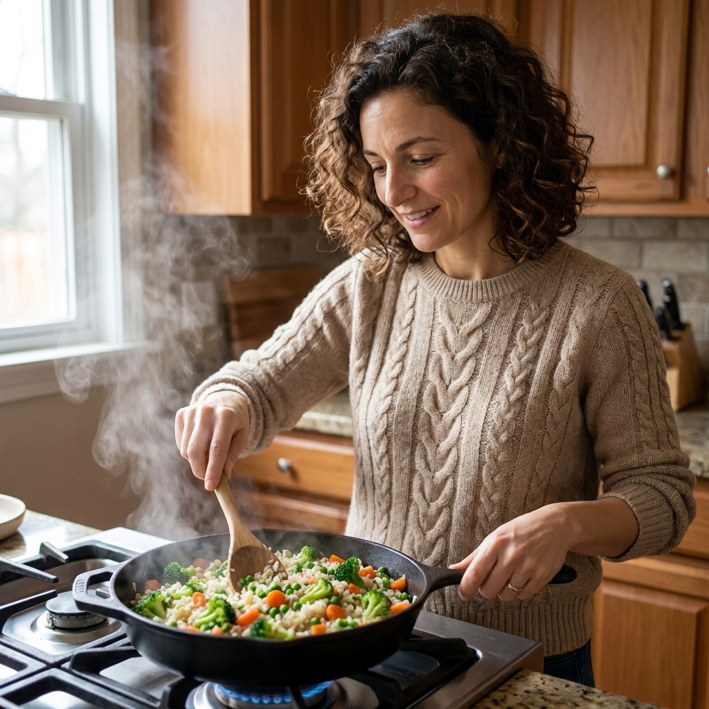 A person reheating cooked rice and vegetables in a skillet on a stovetop with a wooden spoon, steam rising in a home kitchen.