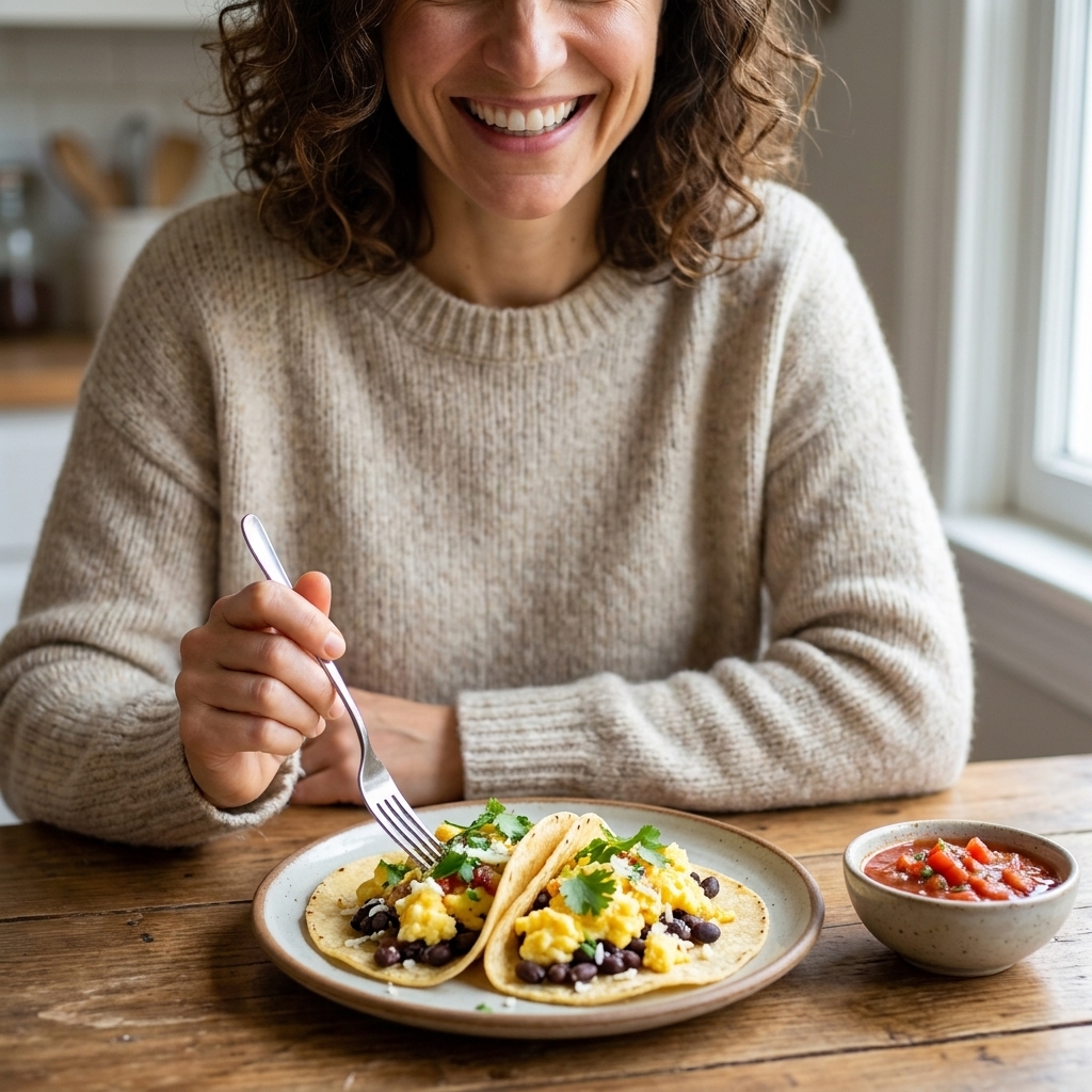 A plate of breakfast tacos filled with scrambled eggs and black beans with a small bowl of salsa on the side