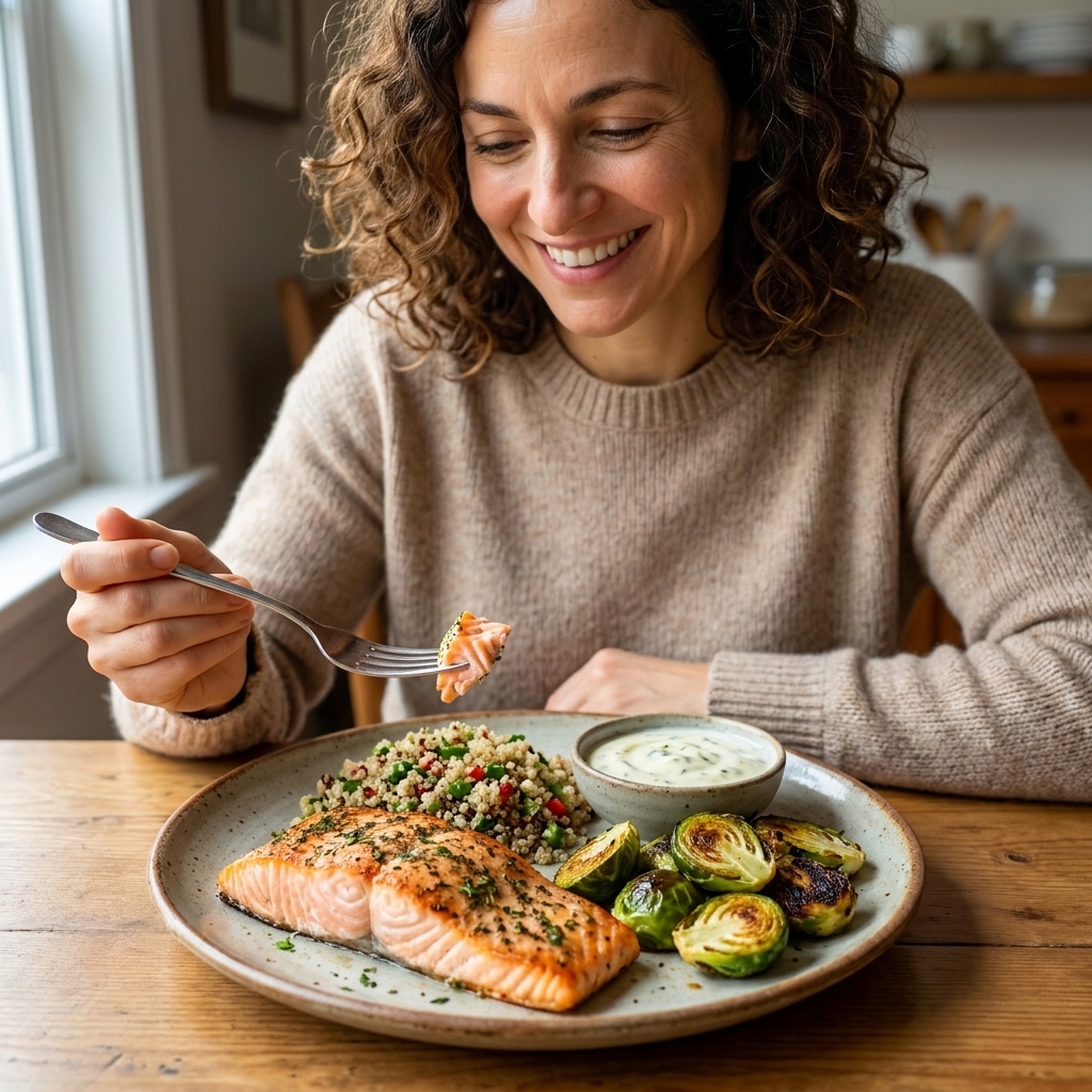 A plated dinner with baked salmon, quinoa, roasted Brussels sprouts, and a side of lemony yogurt sauce on a ceramic plate