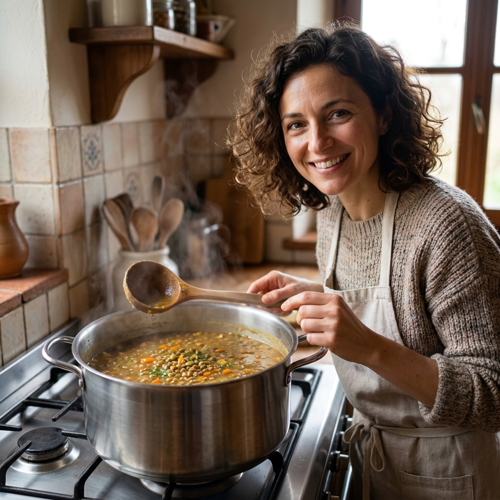 A pot of hearty lentil and vegetable soup simmering on a stove with a ladle resting on the rim