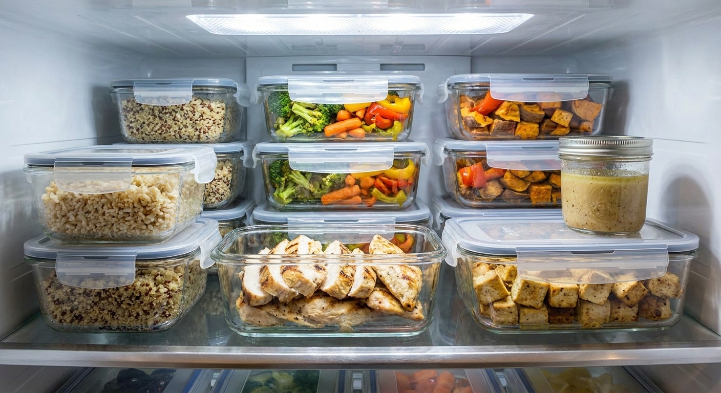 A refrigerator shelf with clear meal prep containers holding cooked grains, roasted vegetables, and two different proteins ready for mix-and-match dinners