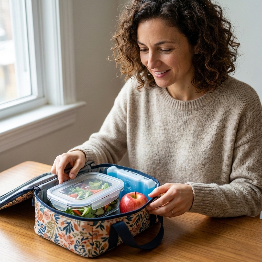A reusable lunch bag sitting open on a table with a leak-resistant meal prep container, an ice pack, and a piece of fruit