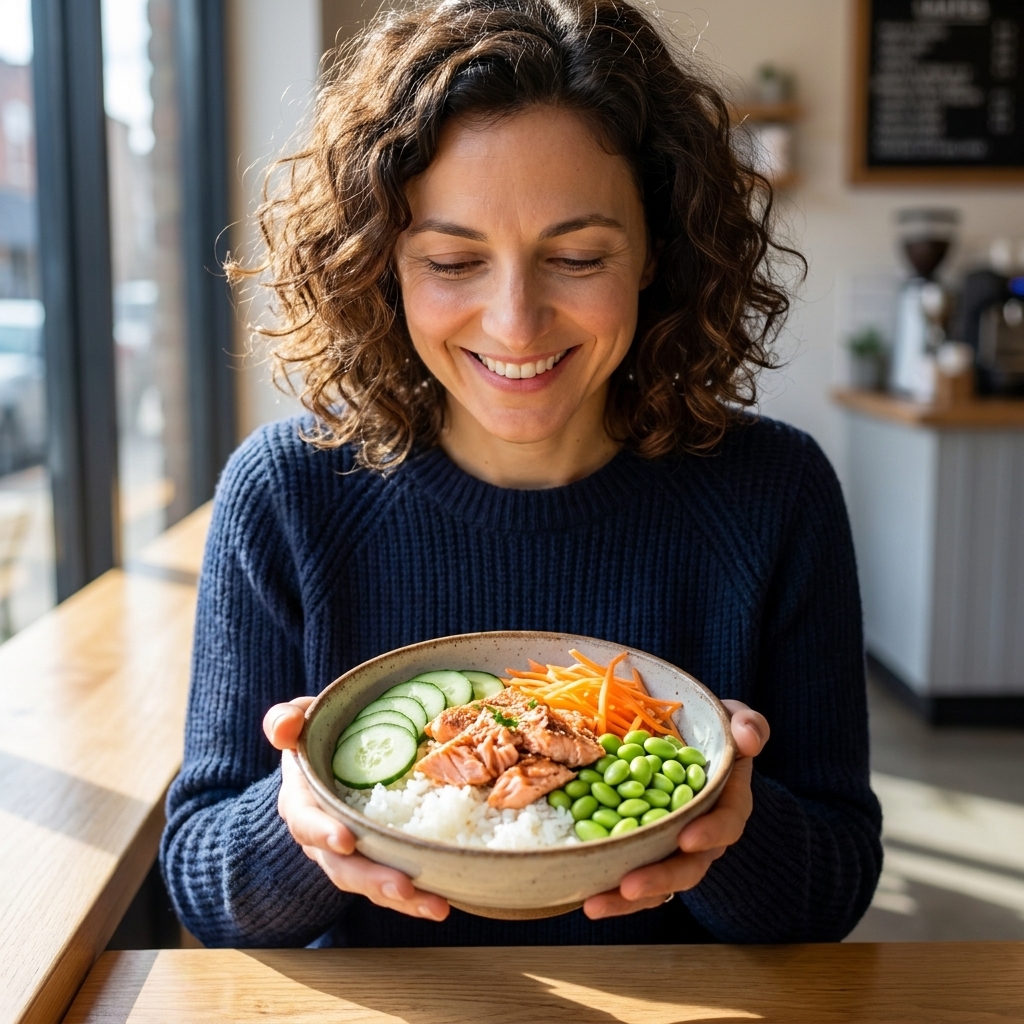 A rice bowl topped with flaked salmon, sliced cucumber, shredded carrots, and edamame