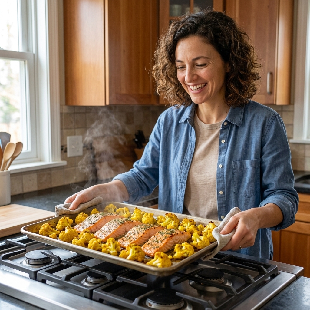 A roasted sheet pan with salmon fillets and golden turmeric cauliflower florets fresh from the oven on a stovetop
