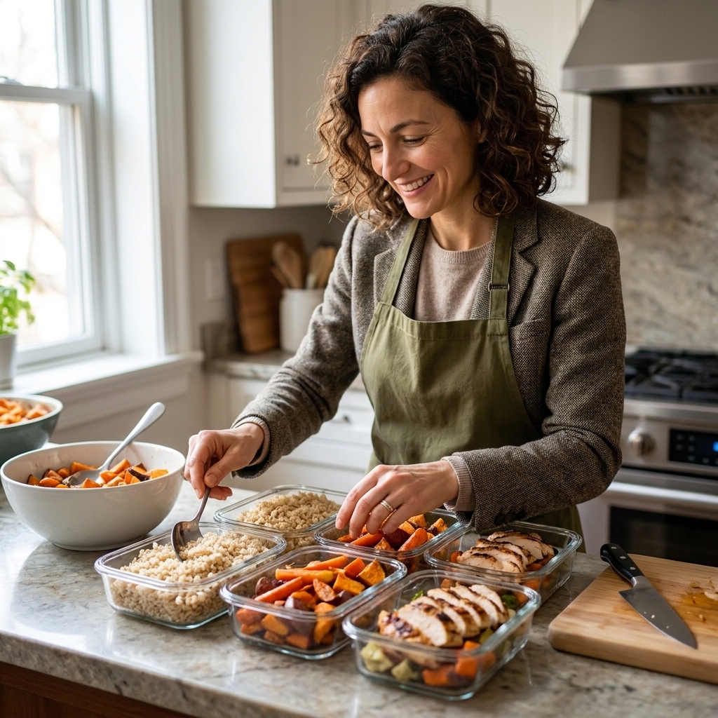 A row of glass meal prep containers on a kitchen countertop being filled with rice, roasted vegetables, and sliced chicken