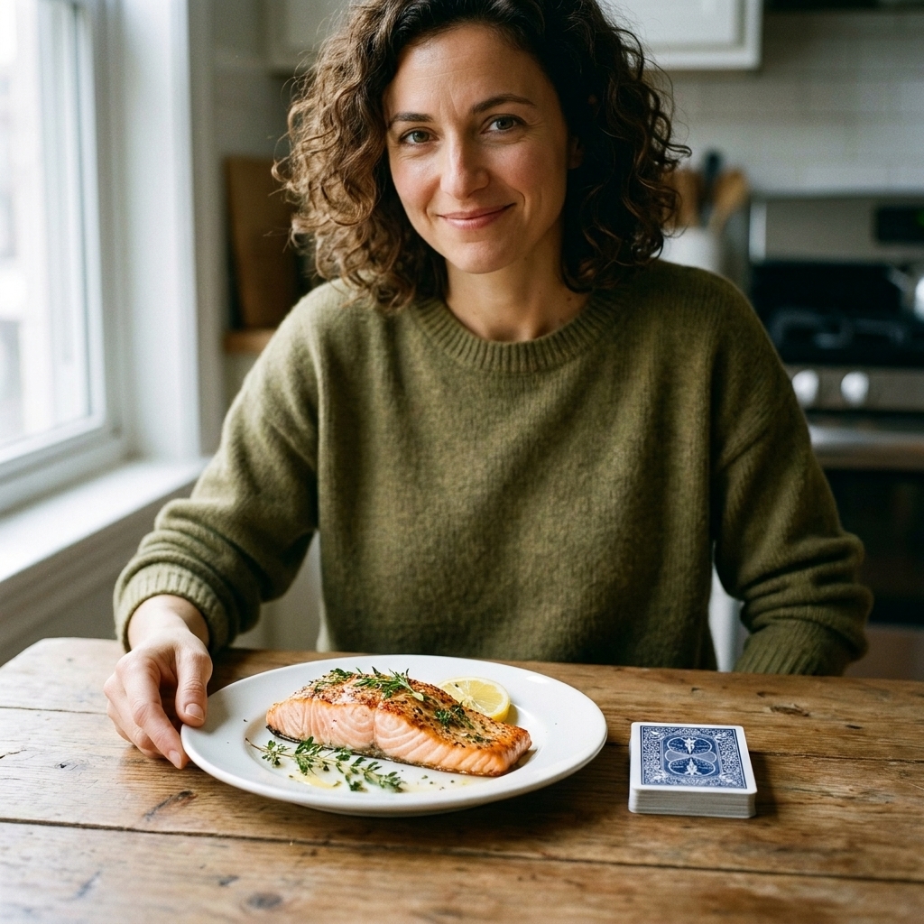 A salmon fillet on a plate with a deck of cards placed nearby for size reference