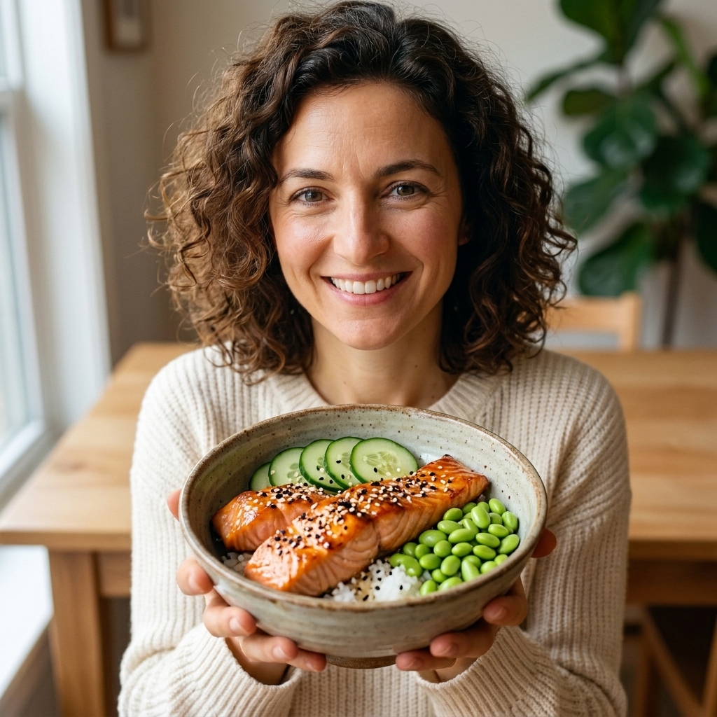A salmon rice bowl with miso-glazed salmon, cucumber slices, edamame, and sesame seeds in a ceramic bowl
