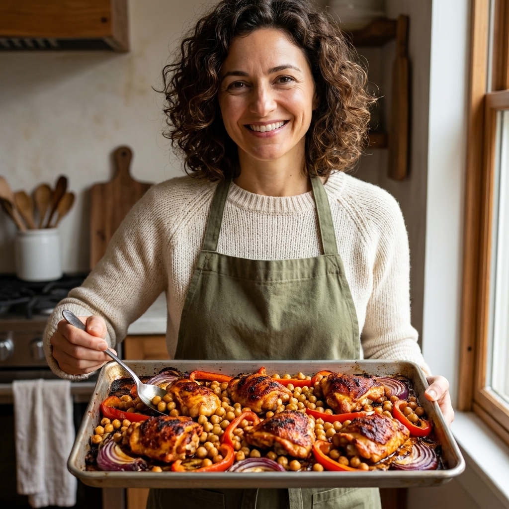 A sheet pan meal with roasted harissa chicken pieces, chickpeas, sliced bell peppers, and red onions caramelized at the edges