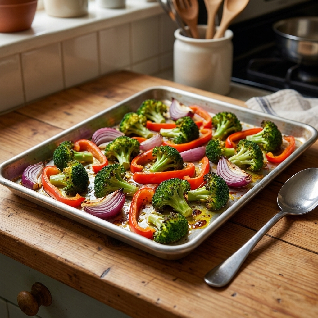 A sheet pan of roasted broccoli, bell peppers, and red onions on a kitchen counter with a serving spoon nearby