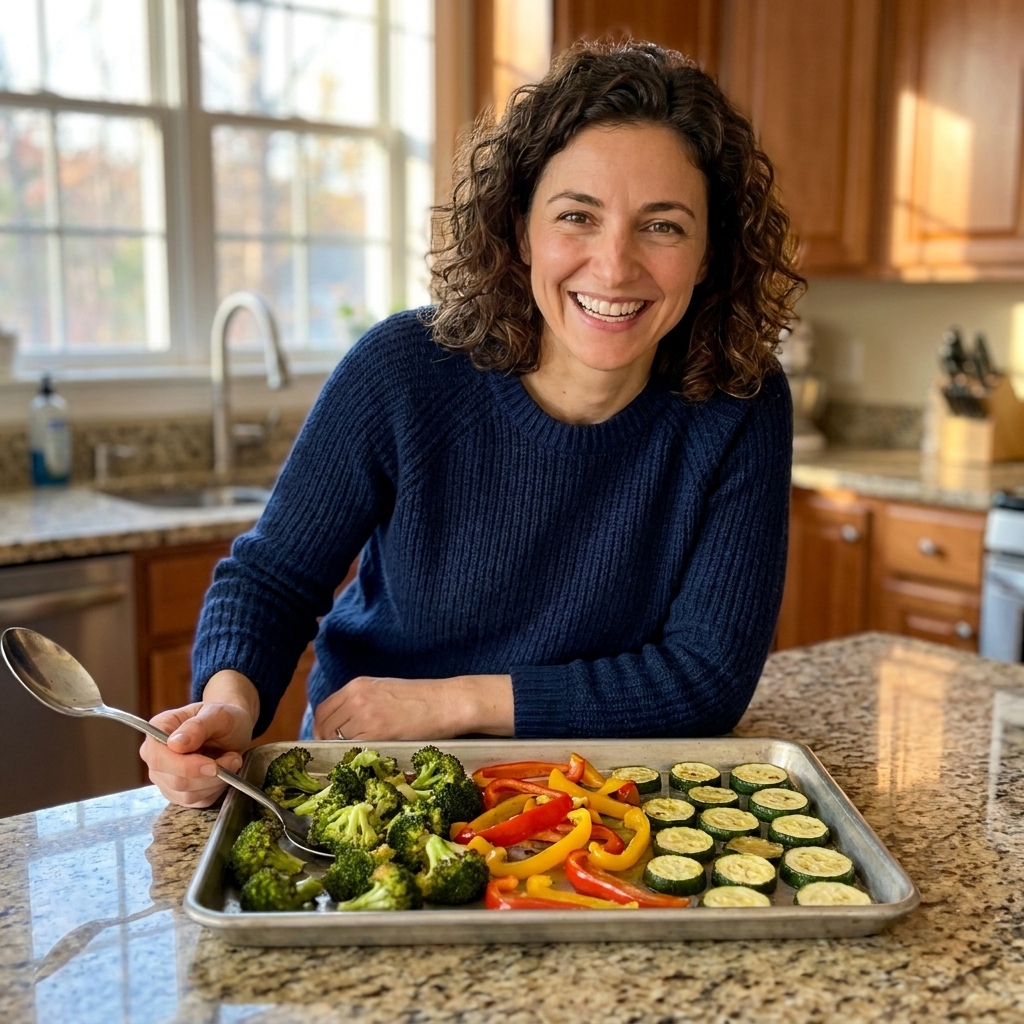 A sheet pan of roasted broccoli, bell peppers, and zucchini on a kitchen counter with a serving spoon nearby.
