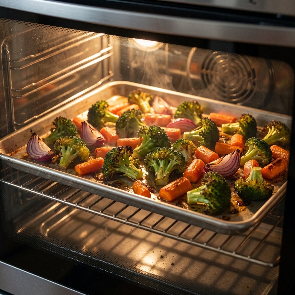 A sheet pan of roasted broccoli, carrots, and red onion caramelizing in the oven.