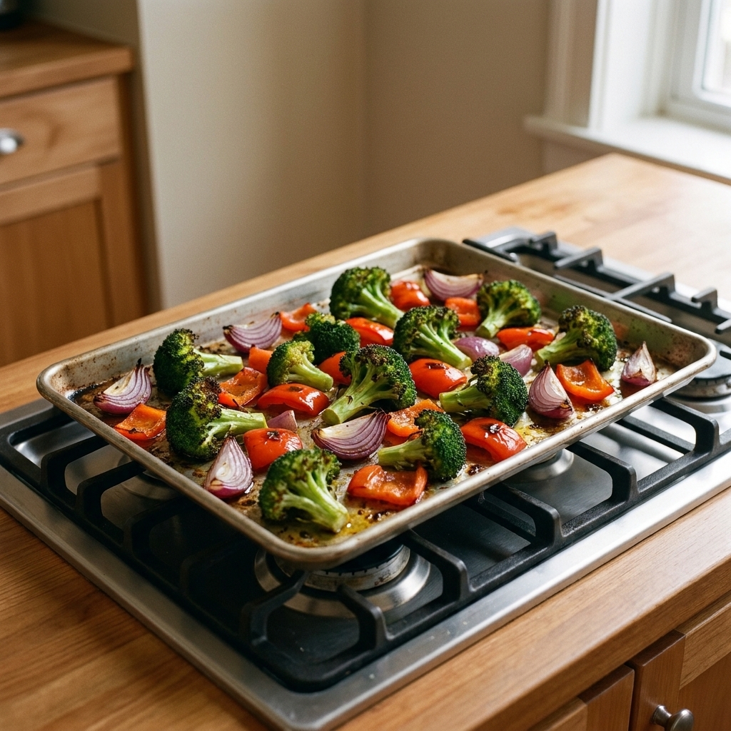 A sheet pan of roasted broccoli, red bell peppers, and red onions on a stovetop