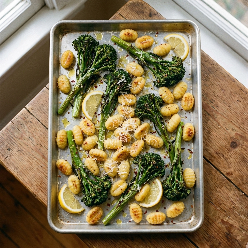 A sheet pan of roasted gnocchi and broccolini finished with grated Parmesan and lemon wedges