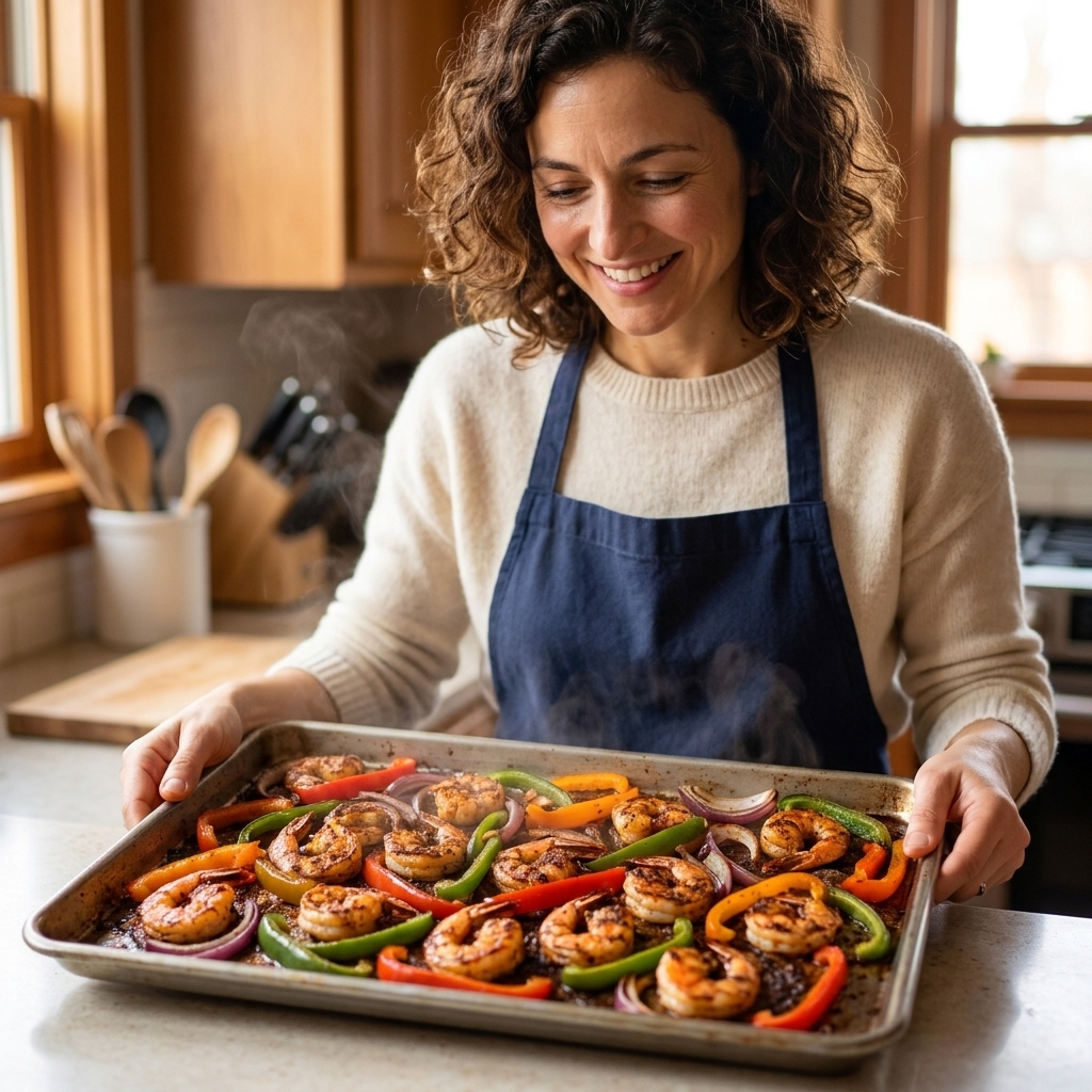 A sheet pan of roasted shrimp with sliced bell peppers and onions seasoned with fajita spices