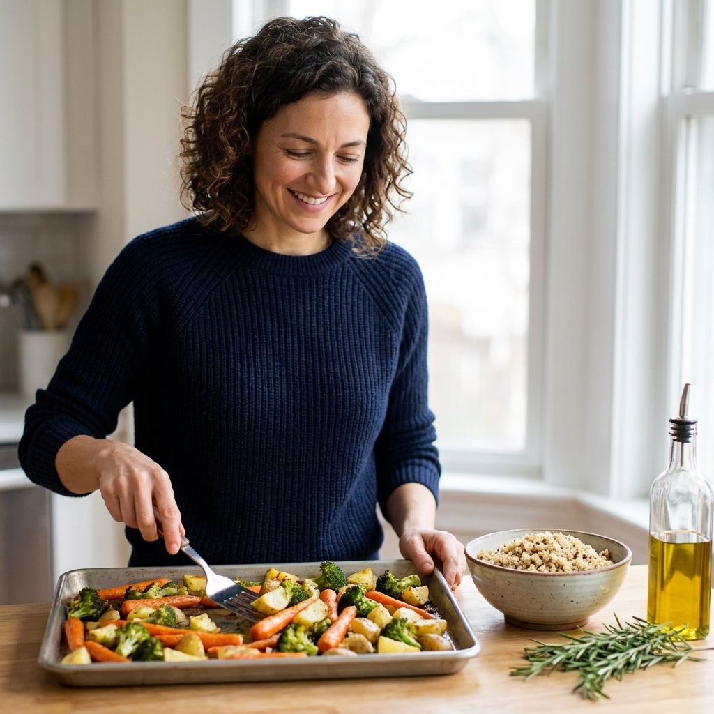 A sheet pan of roasted vegetables next to a bowl of cooked quinoa with olive oil and herbs nearby on a kitchen counter