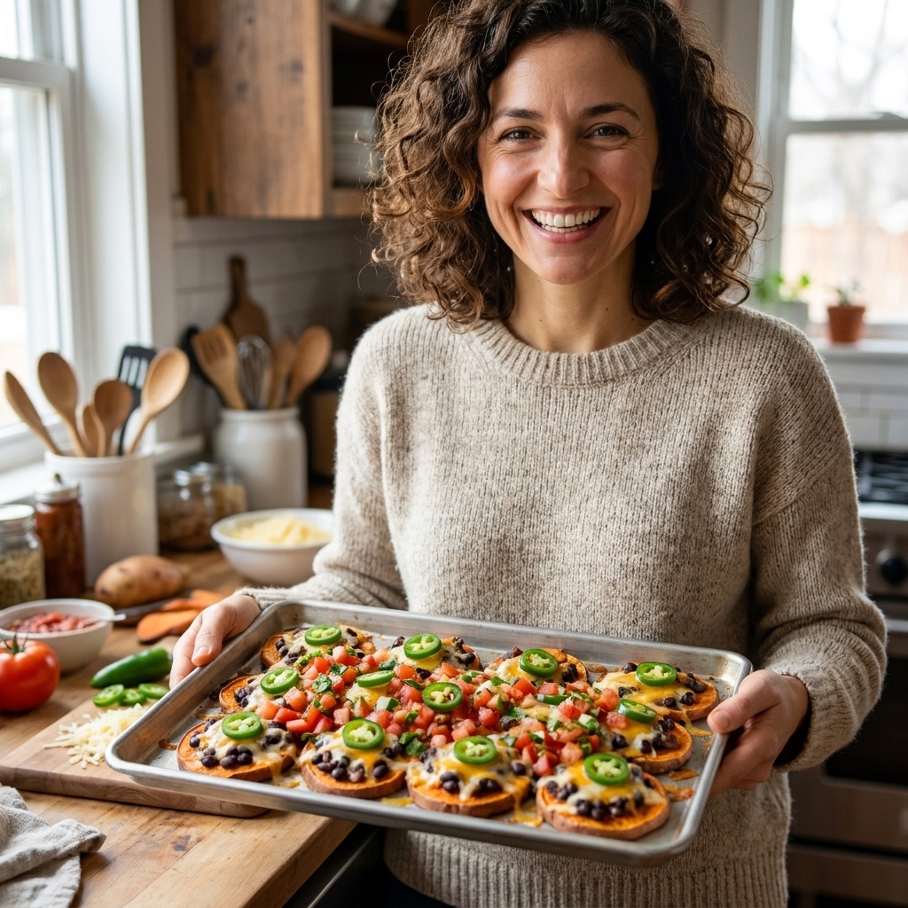 A sheet pan of sweet potato nachos topped with black beans, melted cheese, salsa, and sliced jalapeños