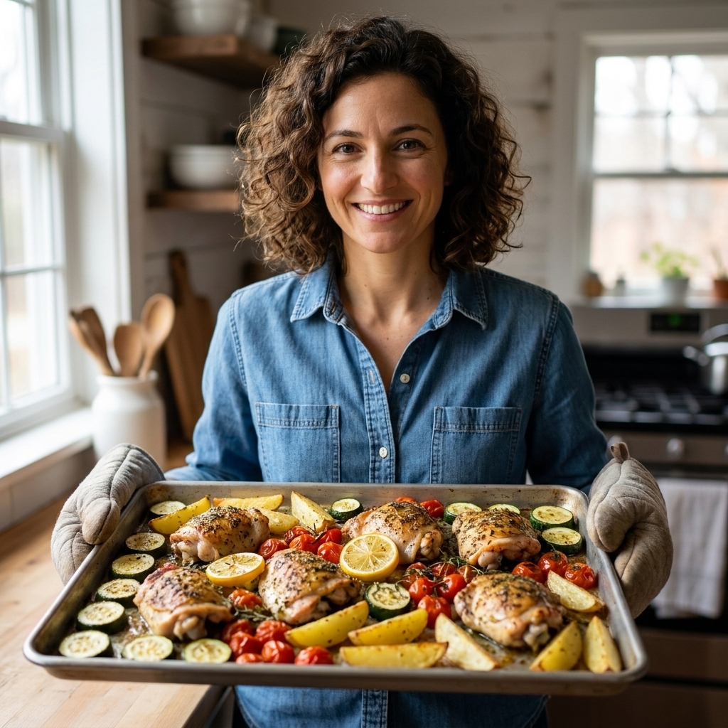 A sheet pan with oregano-roasted Greek chicken, zucchini rounds, cherry tomatoes, and golden potato wedges