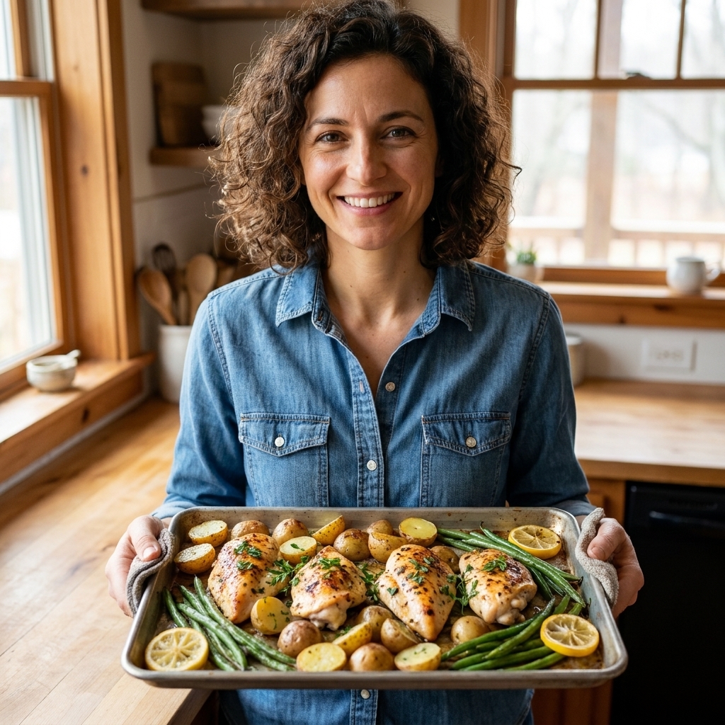 A sheet pan with roasted lemon-garlic chicken breast, halved baby potatoes, and green beans with lemon slices