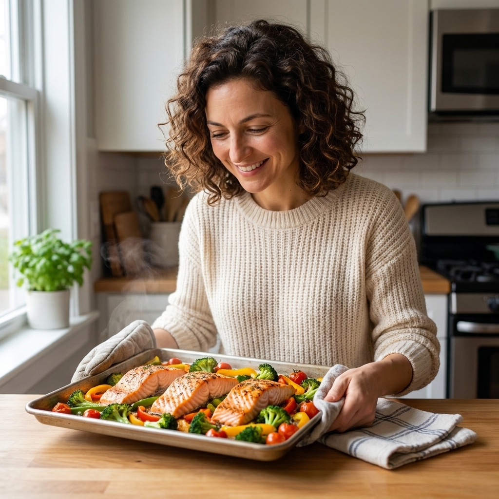 A sheet pan with roasted salmon fillets and colorful vegetables just out of the oven on a home kitchen counter