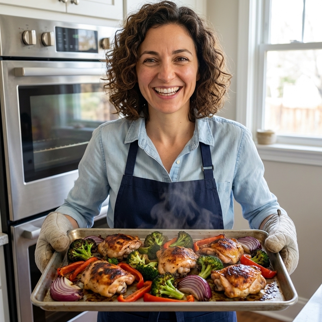A sheet pan with seasoned chicken thighs and colorful roasted vegetables like broccoli, bell peppers, and red onion, fresh out of the oven