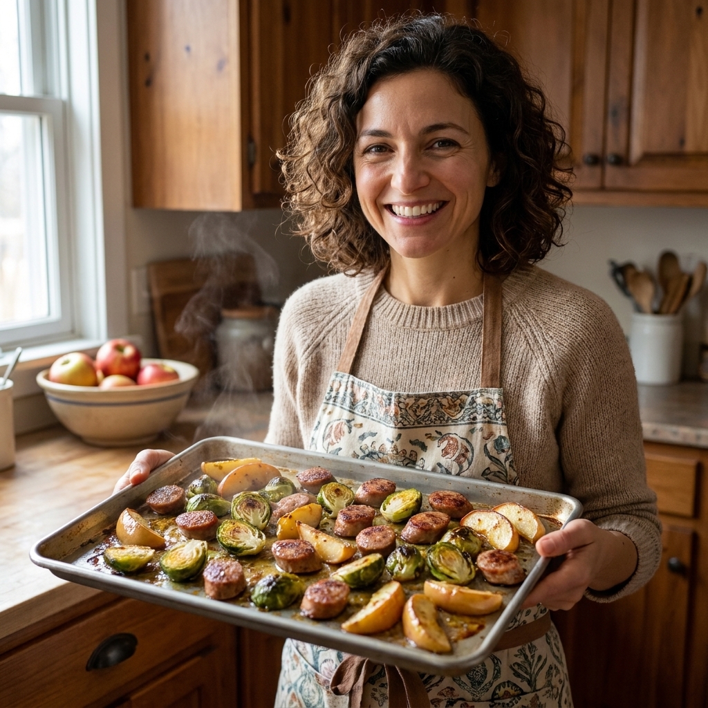 A sheet pan with sliced turkey sausage, roasted Brussels sprouts, and apple wedges with a glossy mustard vinaigrette