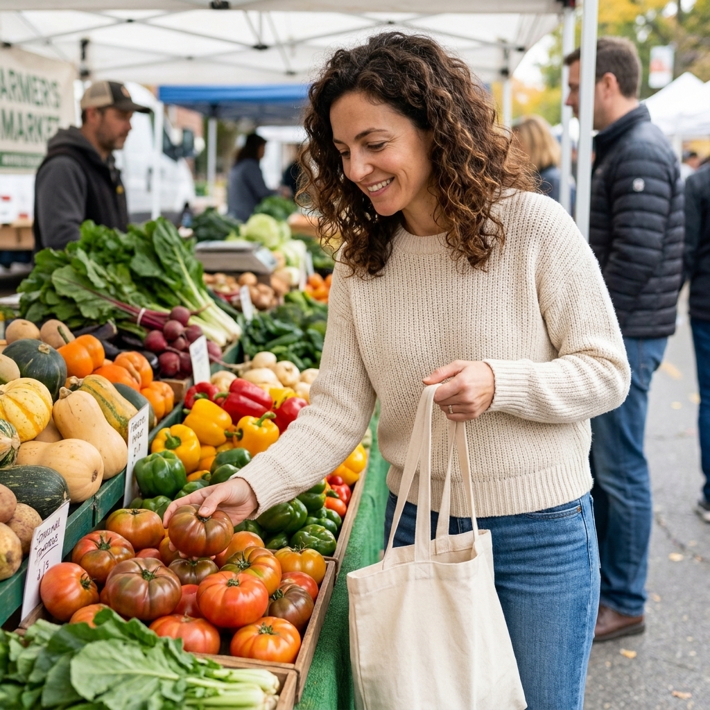 A shopper holding a canvas tote bag while choosing colorful seasonal vegetables at an outdoor farmers market produce stand