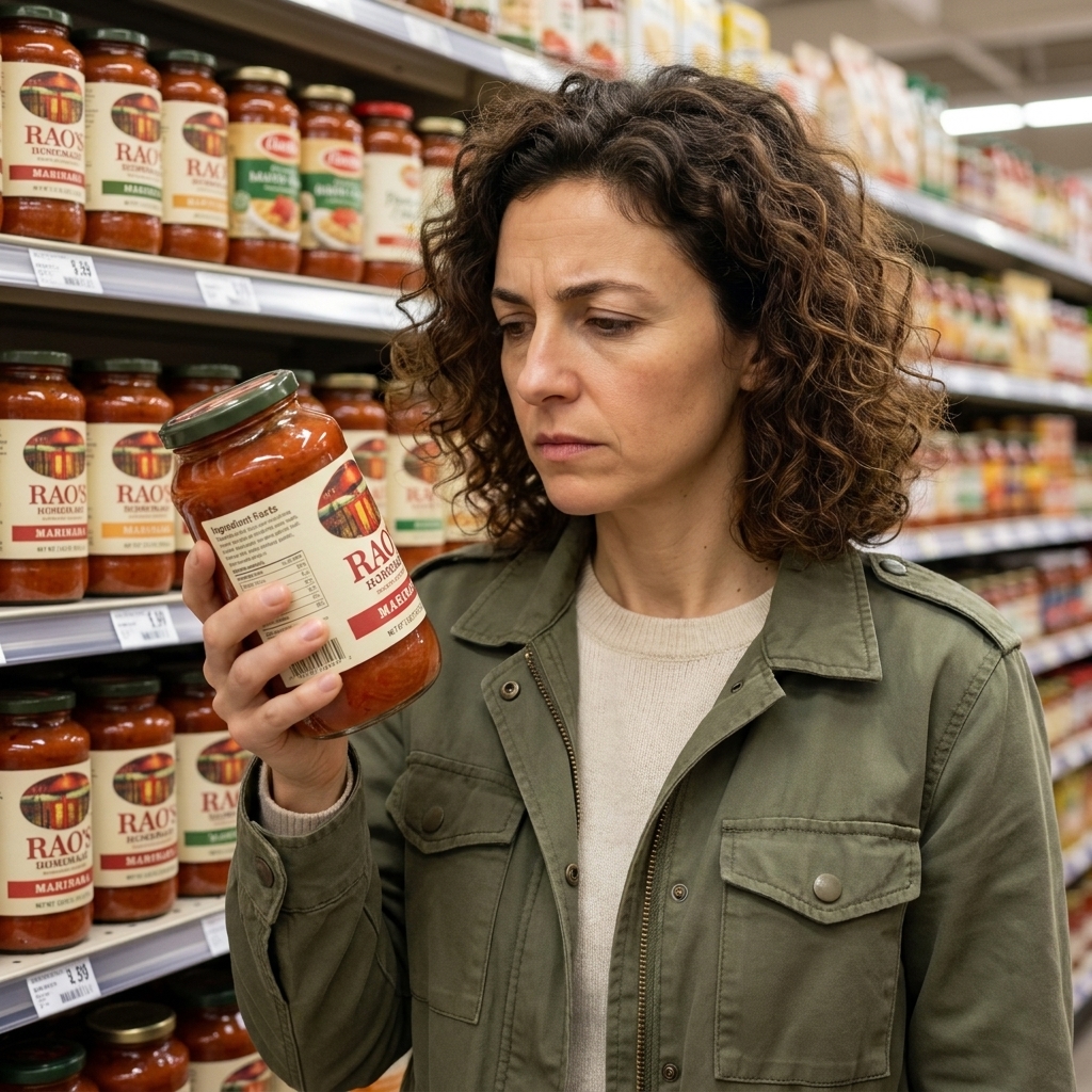 A shopper standing in front of a shelf of pasta sauces while reading a jar label with a focused expression