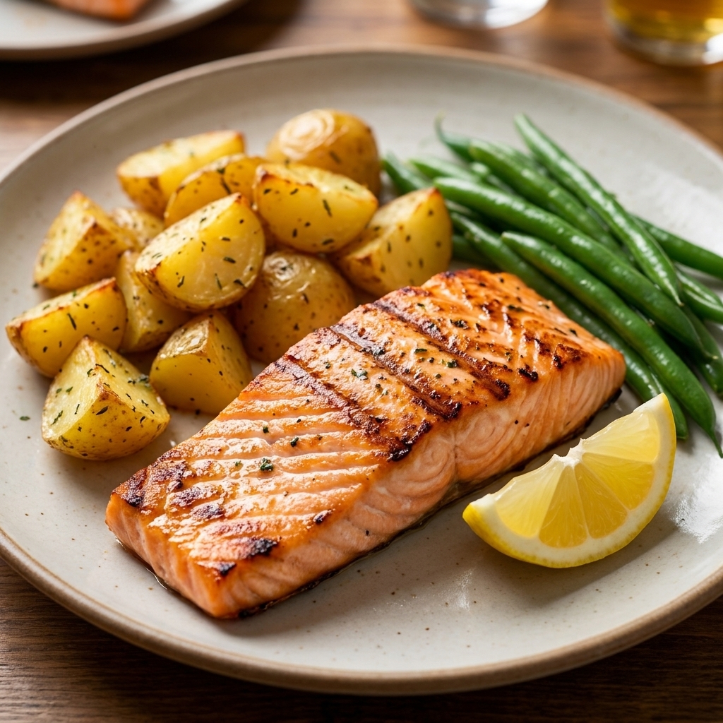 A simple restaurant plate with grilled salmon, roasted potatoes, and green beans with a lemon wedge on the side