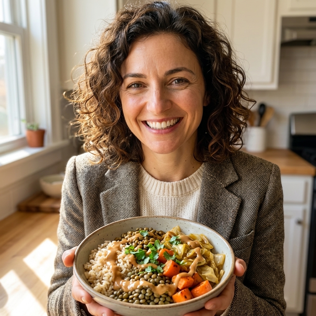 A single bowl filled with brown rice, lentils, roasted carrots and cabbage, and a drizzle of peanut sauce on top