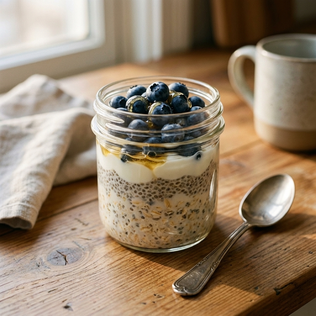 A single glass jar of overnight oats topped with blueberries and a spoon resting beside it on a kitchen counter