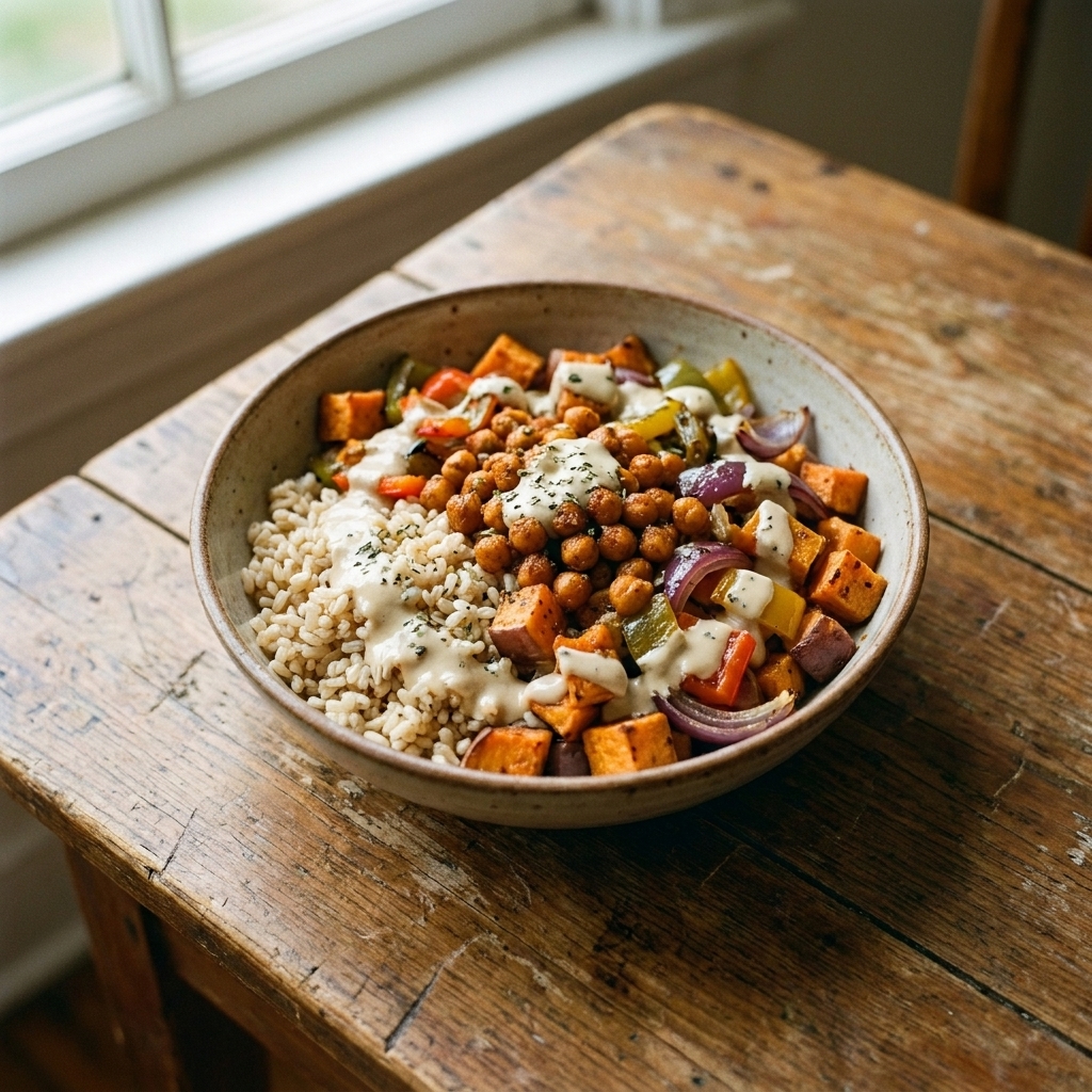 A single grain bowl topped with roasted vegetables, chickpeas, brown rice, and a drizzle of tahini sauce on a wooden table