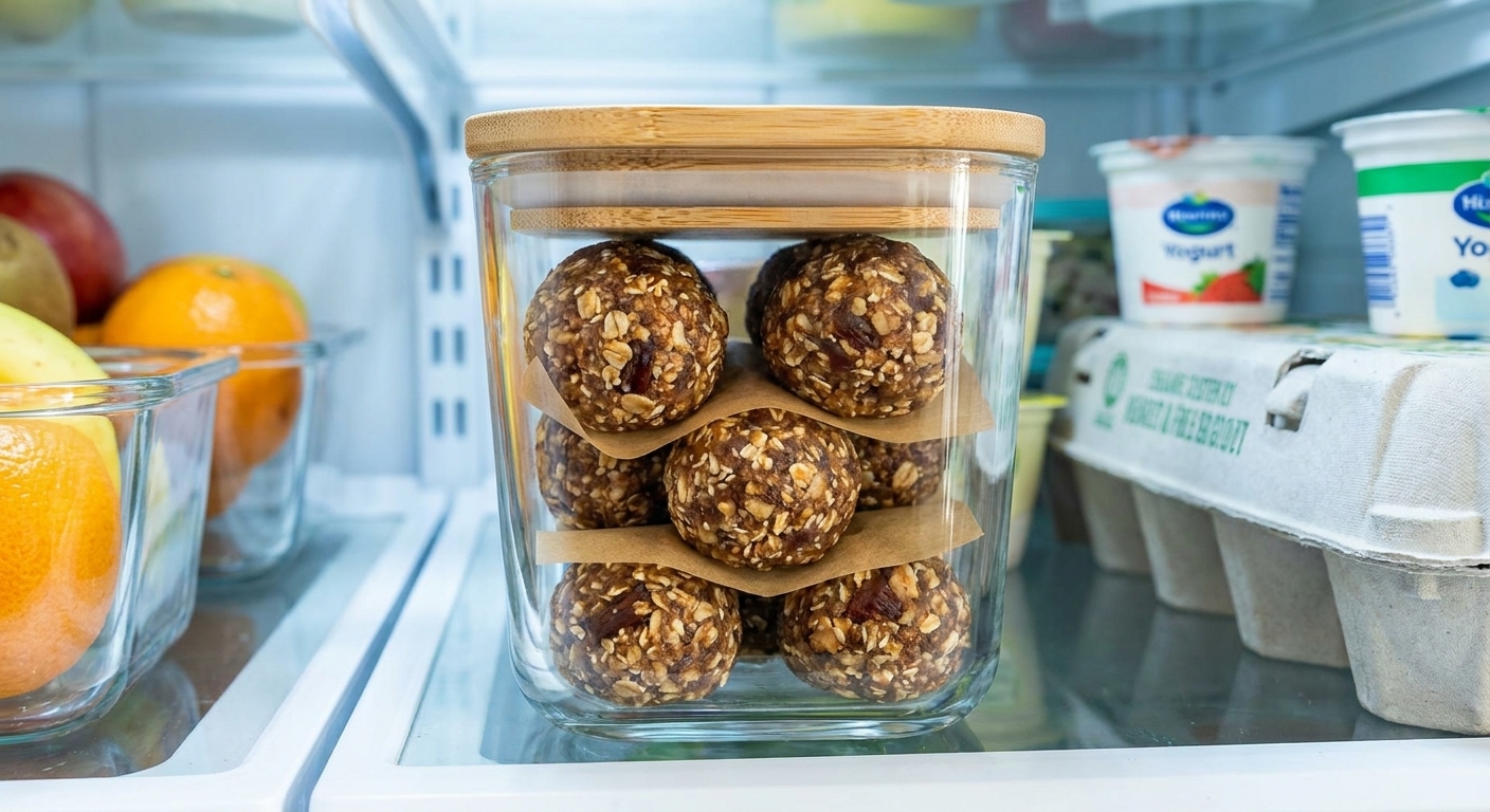 A single photo of an airtight glass container filled with homemade energy bites stacked between parchment paper layers inside a refrigerator