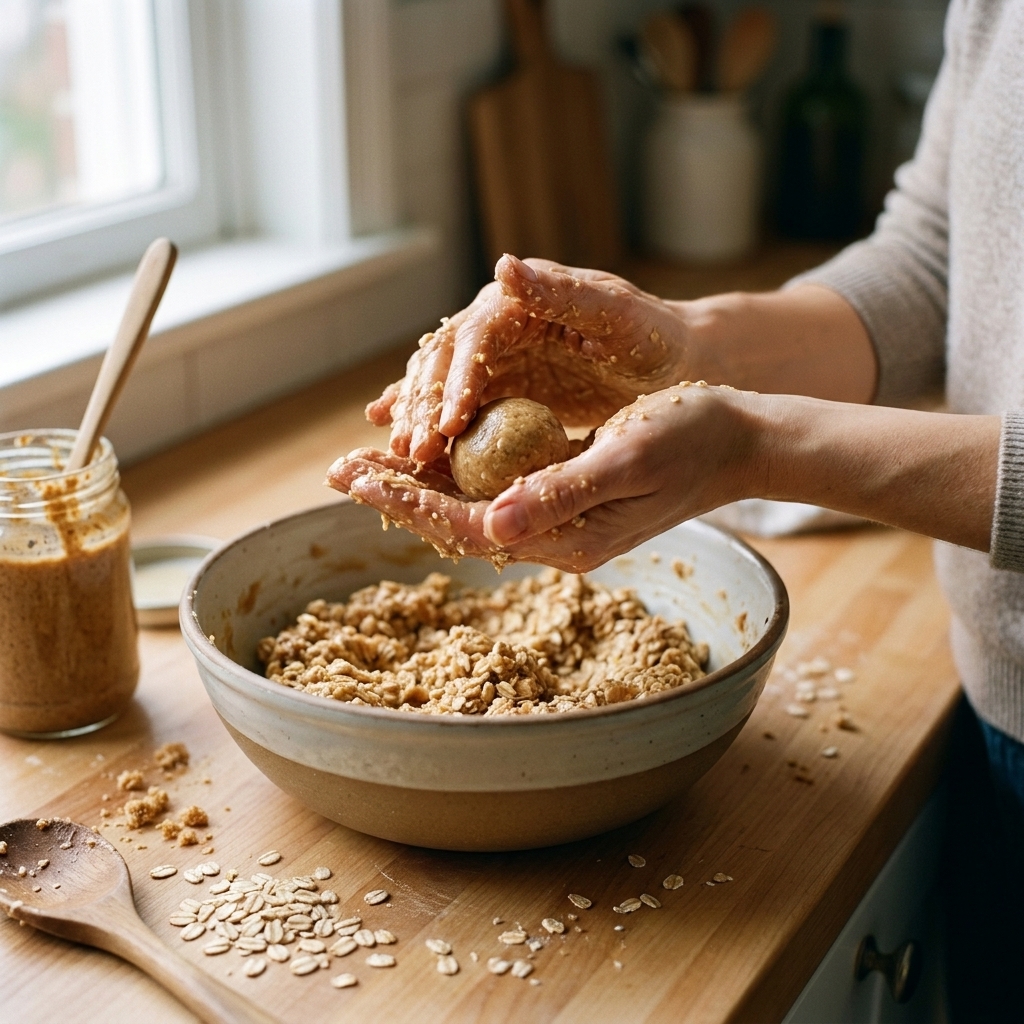 A single photo of hands rolling a sticky oat and nut butter mixture into a smooth bite-sized ball over a mixing bowl on a kitchen counter