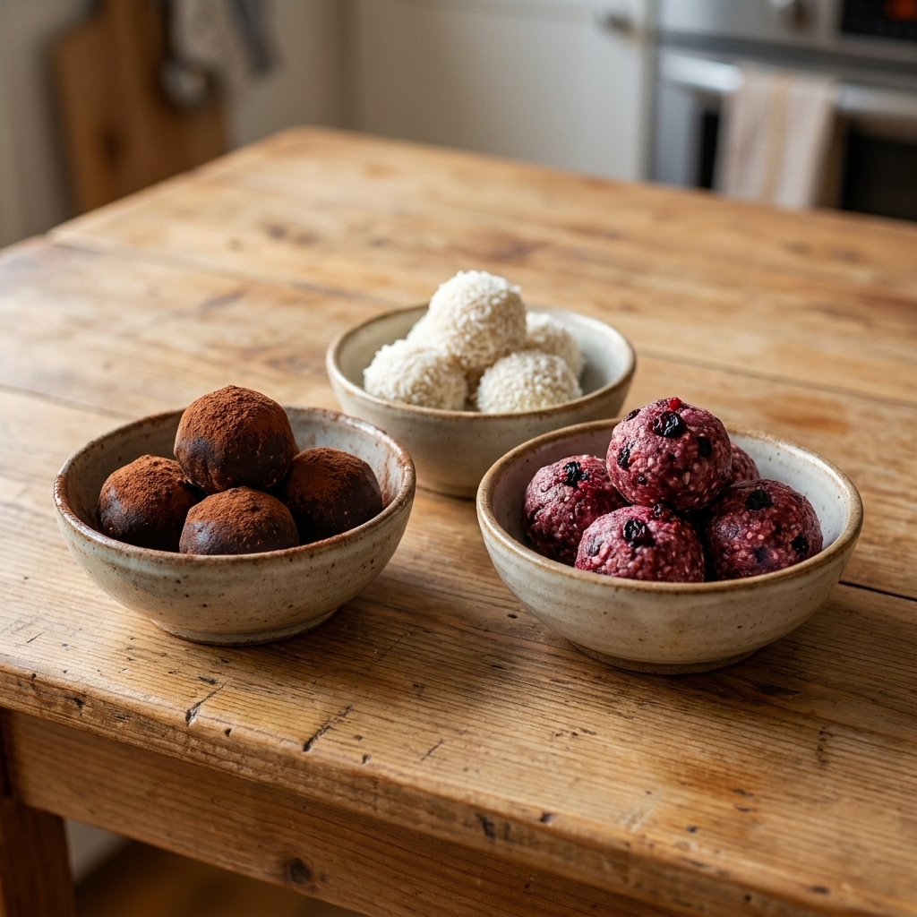 A single photo of three small bowls filled with different flavored energy bites, such as chocolate, coconut, and berry, arranged on a wooden kitchen table